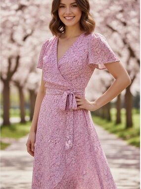 DKNY Pink Ditsy-Print Classic feminine romantic Wrap High-Low Midi Dress size 2